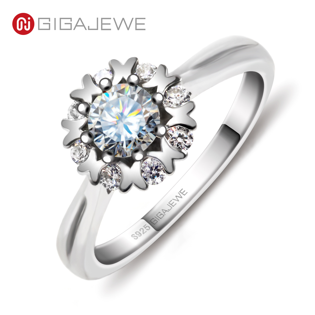 GIGAJEWE 莫桑钻戒指 0.5ct 5mm 圆形切割 EF 颜色 925 银金色多层镀金时尚爱情信物女士女孩礼物