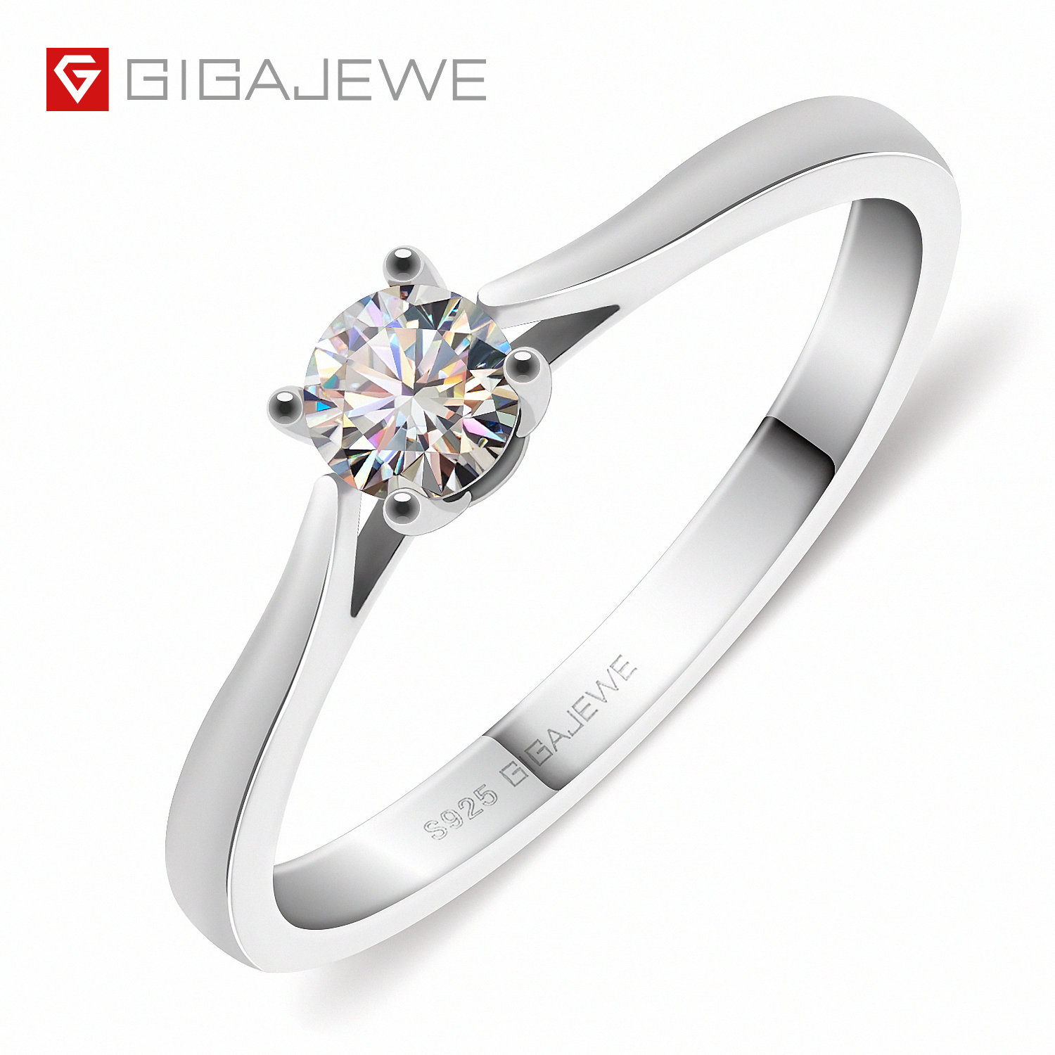GIGAJEWE 0.3 克拉 4 毫米圆形切割 EF VVS1 莫桑石 925 银戒指钻石测试通过时尚爪镶女士女孩礼物