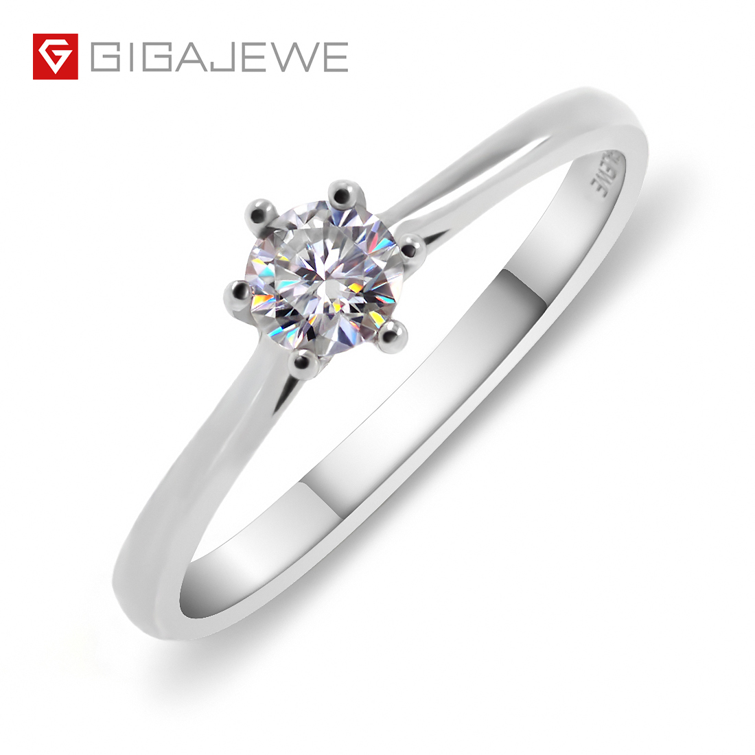 GIGAJEWE 0.3 克拉 4 毫米圆形切割 EF VVS1 莫桑石 925 银戒指钻石测试通过时尚女朋友女士礼物