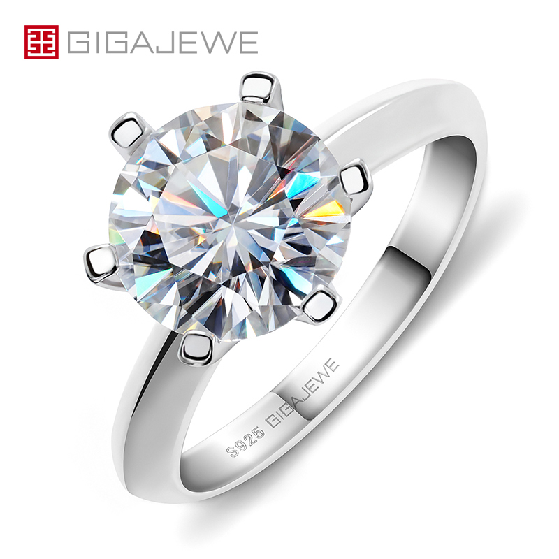 GIGAJEWE 3.0 克拉 9.0 毫米 EF 圆形 18K 白金镀 925 银莫桑石戒指女士钻石测试通过女士女孩礼物