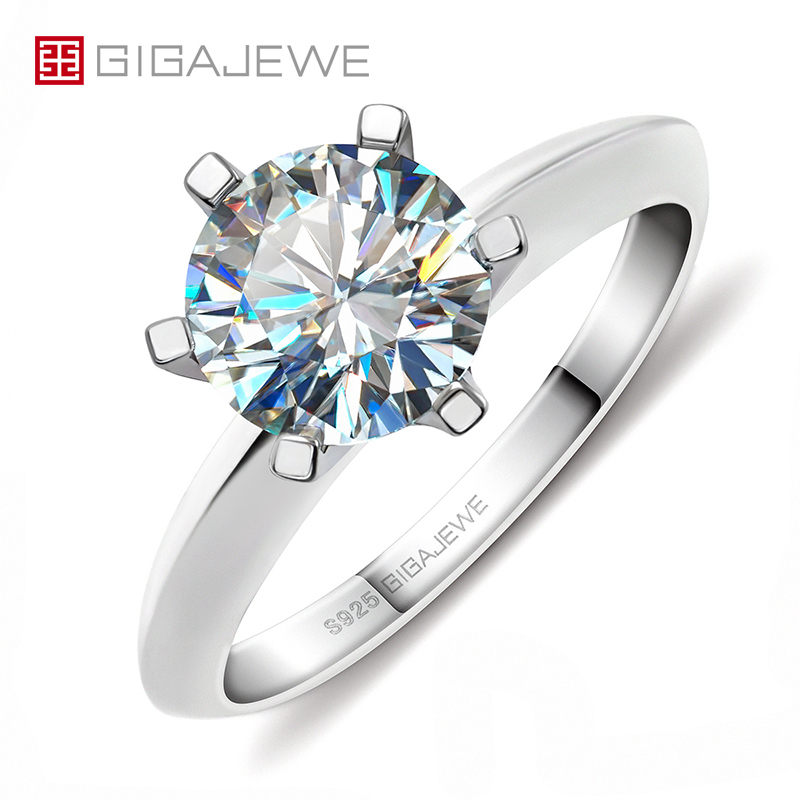 GIGAJEWE 8.0 毫米 2.0 克拉 EF 圆形 18K 白金镀 925 银莫桑石戒指钻石测试通过珠宝女士女孩礼物