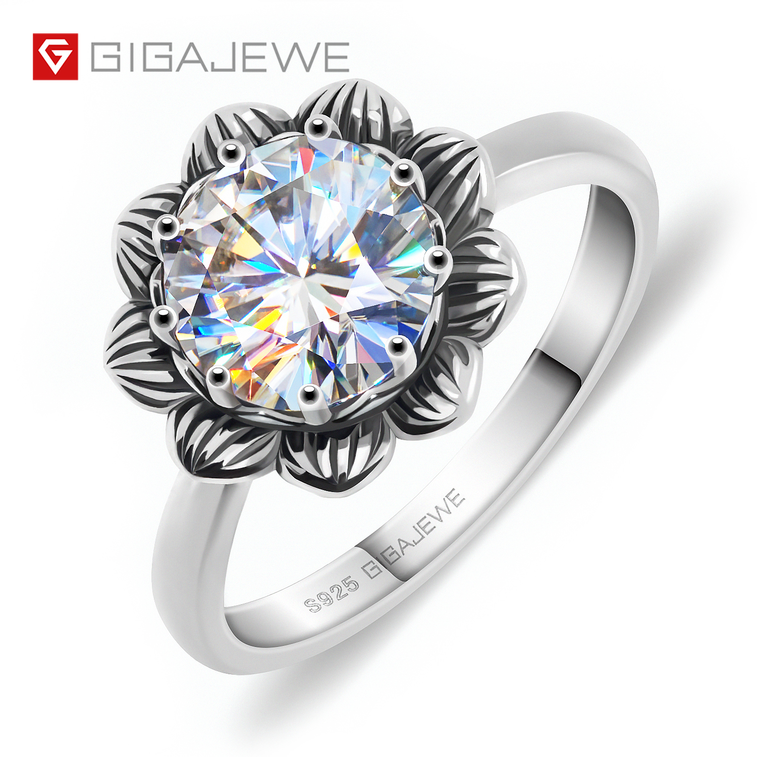 GIGAJEWE 2.0 克拉 8.0 毫米 EF 圆形切割 VVS1 925 泰国银莫桑石戒指钻石测试通过珠宝爱情信物女士女孩礼物