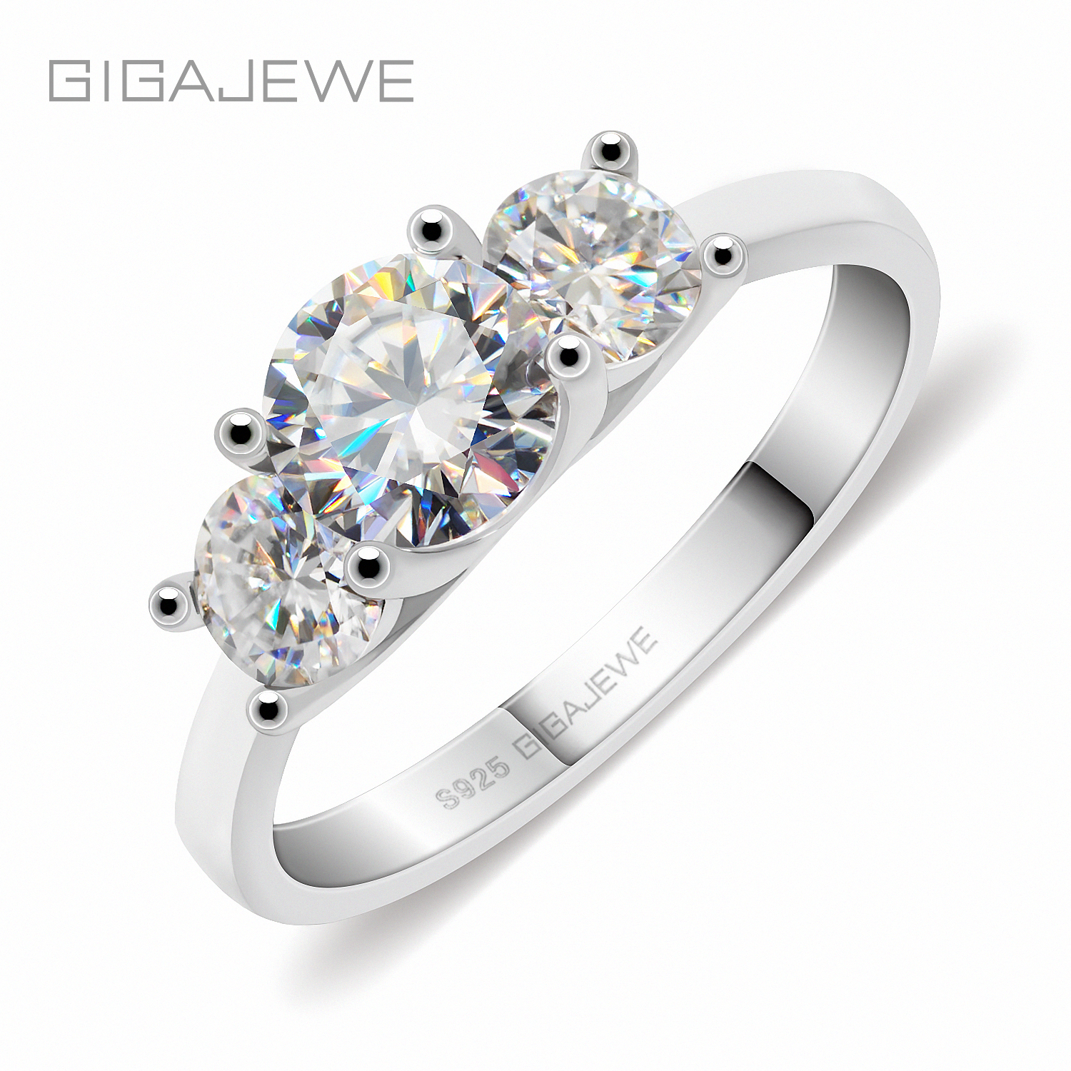 GIGAJEWE 莫桑钻 1.2ct 5.5mm+2X4.0mm 圆形切工EF色925银戒指镀金多层女女友礼物